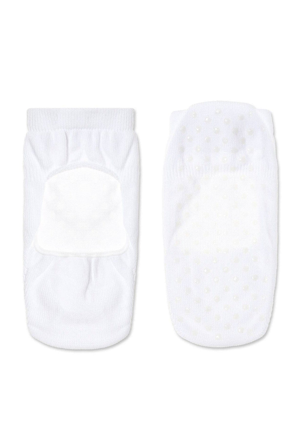 A pair of white, low-cut socks displayed against a white background, with the left sock showing the top side and the right sock showing the underside featuring small, clear non-slip silicone grips.