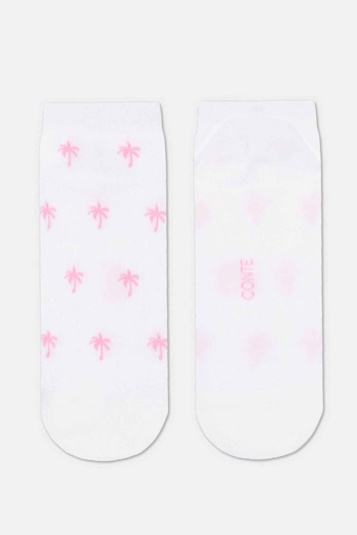 A pair of white ankle socks, with the left sock featuring a repeating pattern of small pink palm trees and the right sock showing a faint pink brand logo centered on the back.