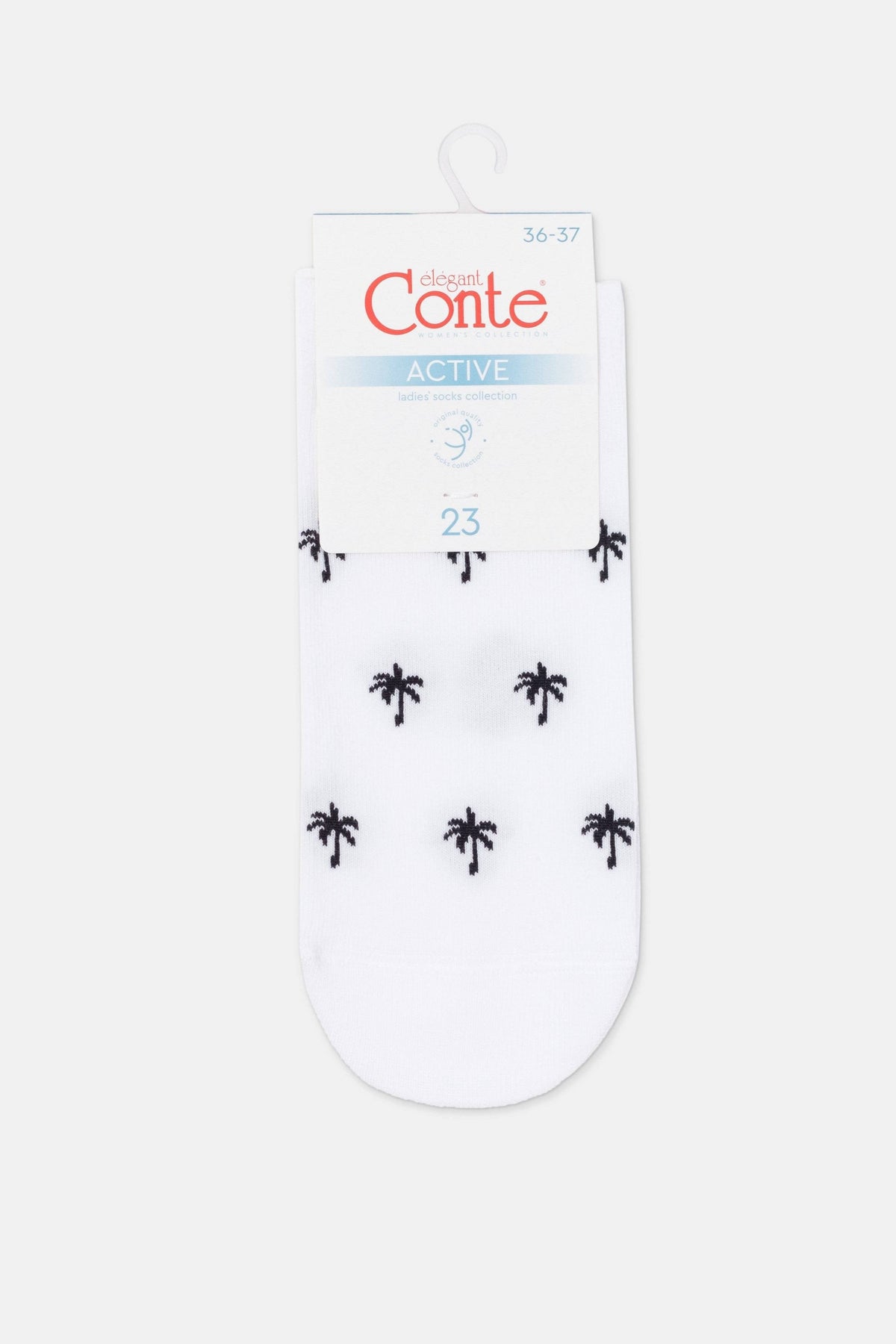 A pair of white ankle socks patterned with small black palm tree silhouettes and topped with a branded cardboard packaging tag.