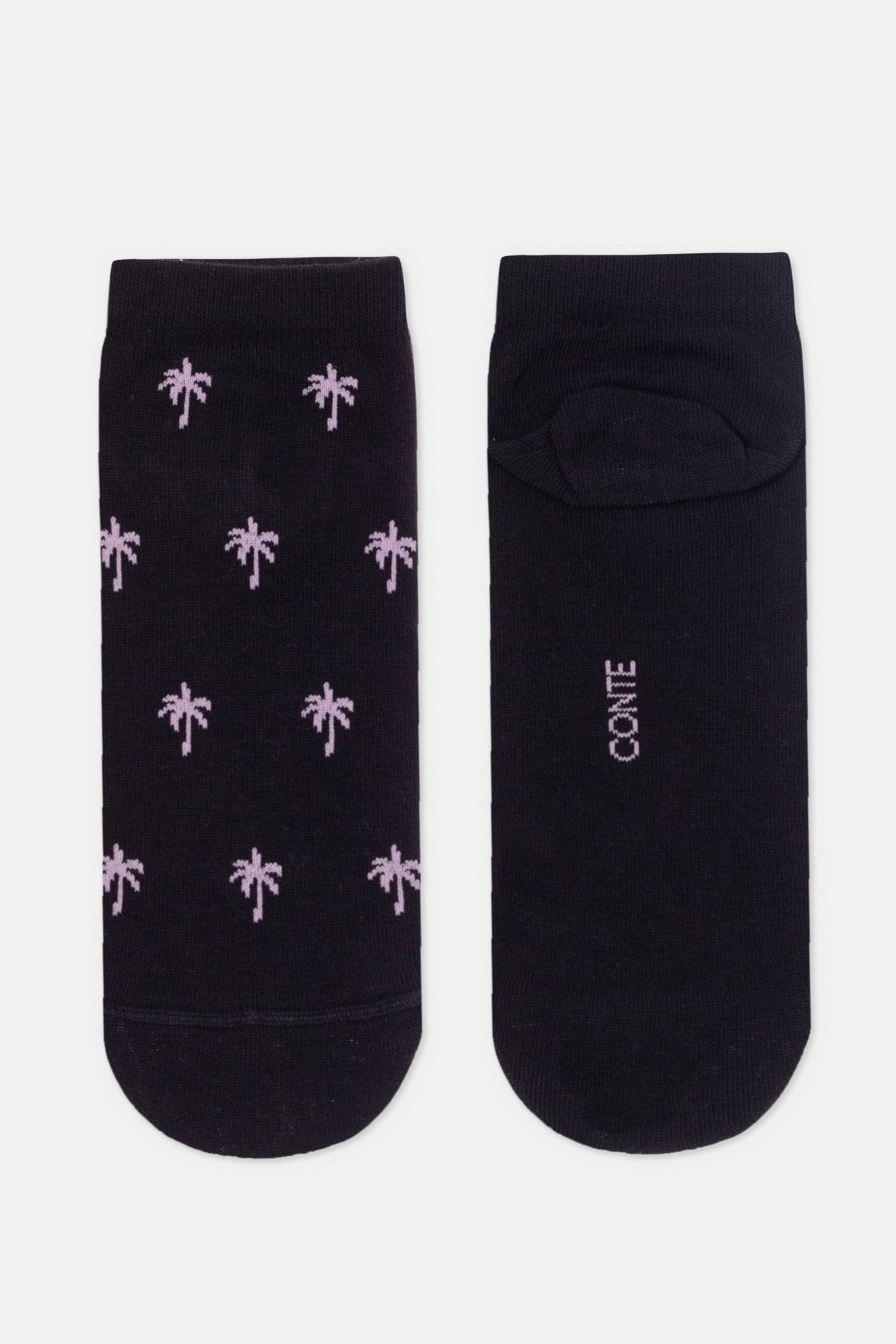 A pair of black ankle socks, with one displaying a lavender palm tree pattern and the other featuring the text CONTE in a matching lavender font.