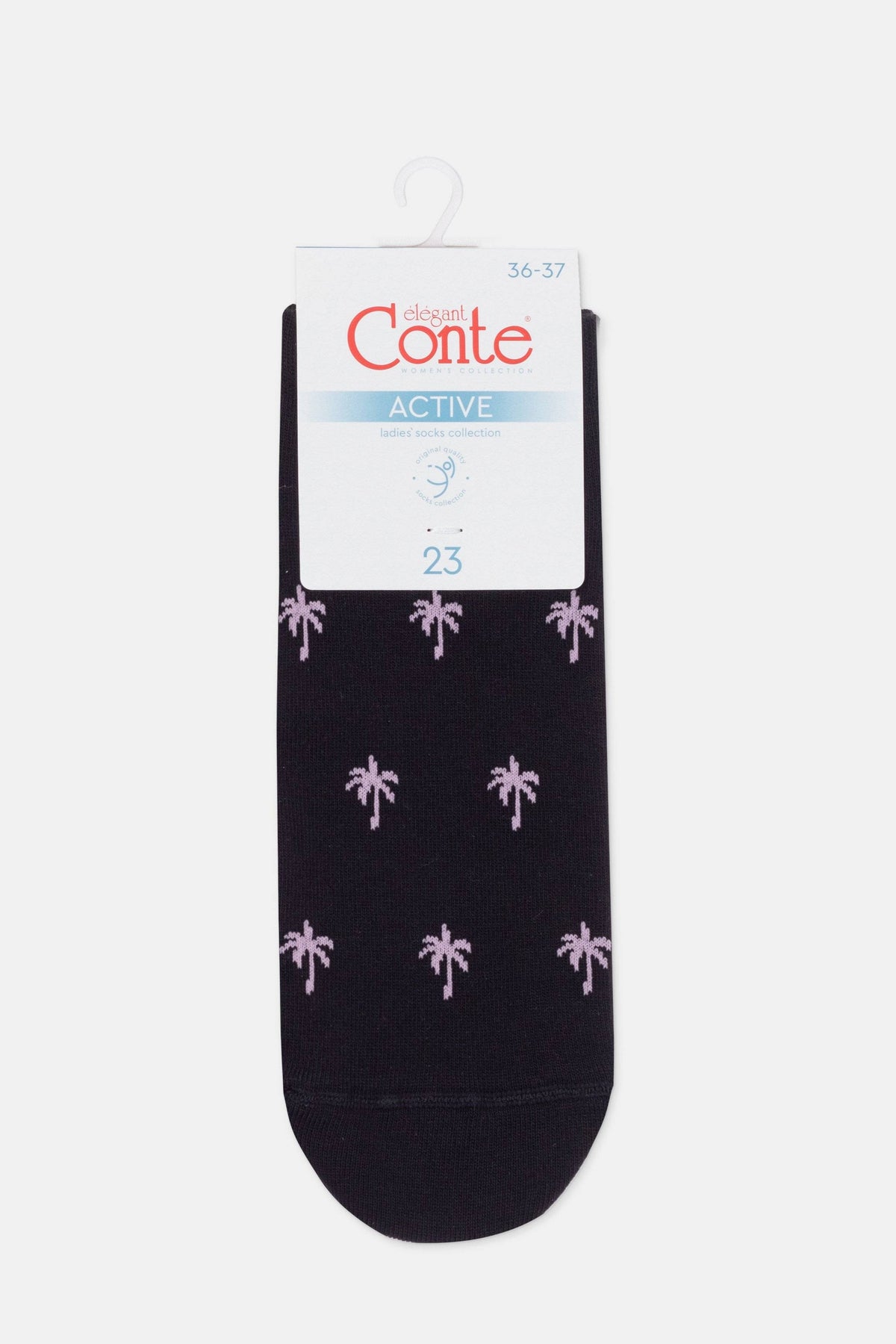 A pair of dark-coloured ankle socks featuring a repeating pattern of light pink palm trees on a cardboard retail hanger.