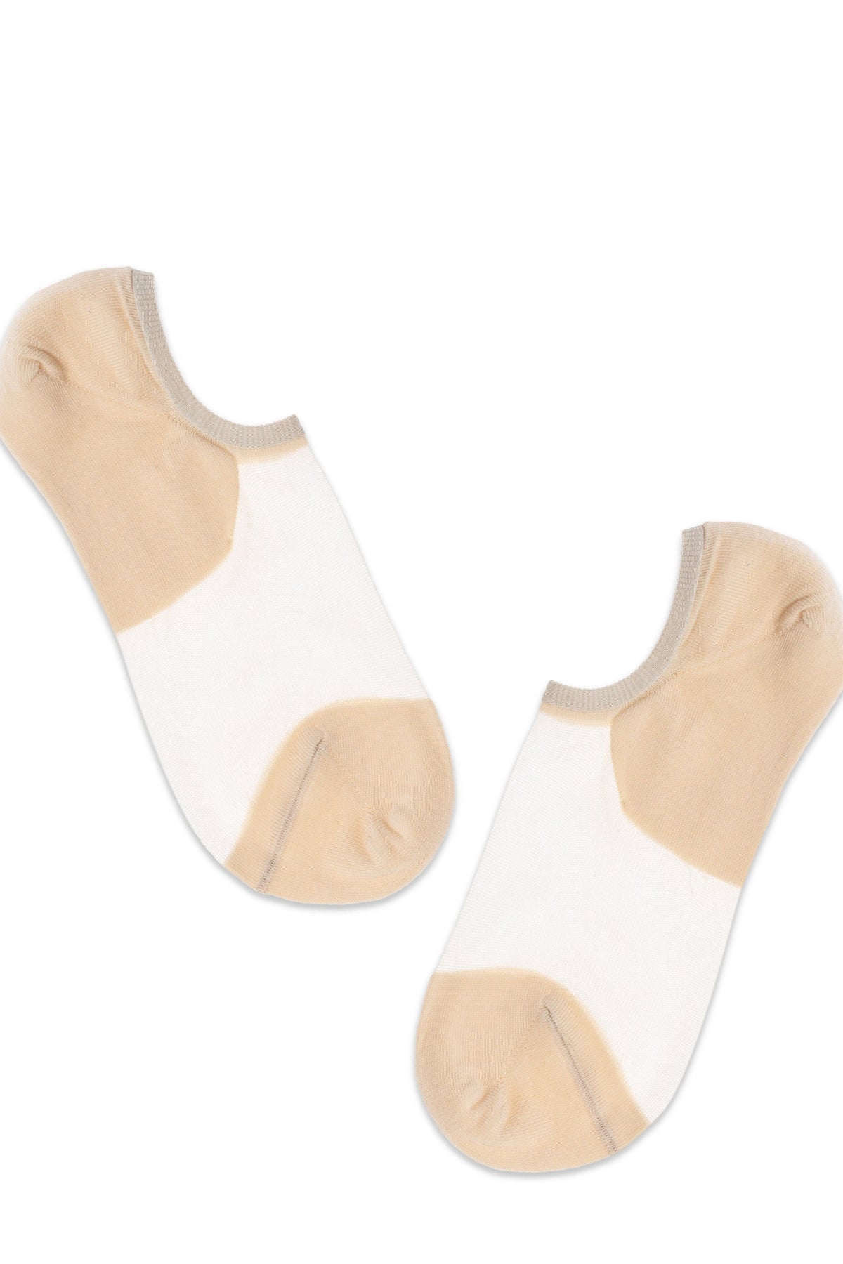 A pair of low-cut no-show socks in a beige and white color-blocked pattern.