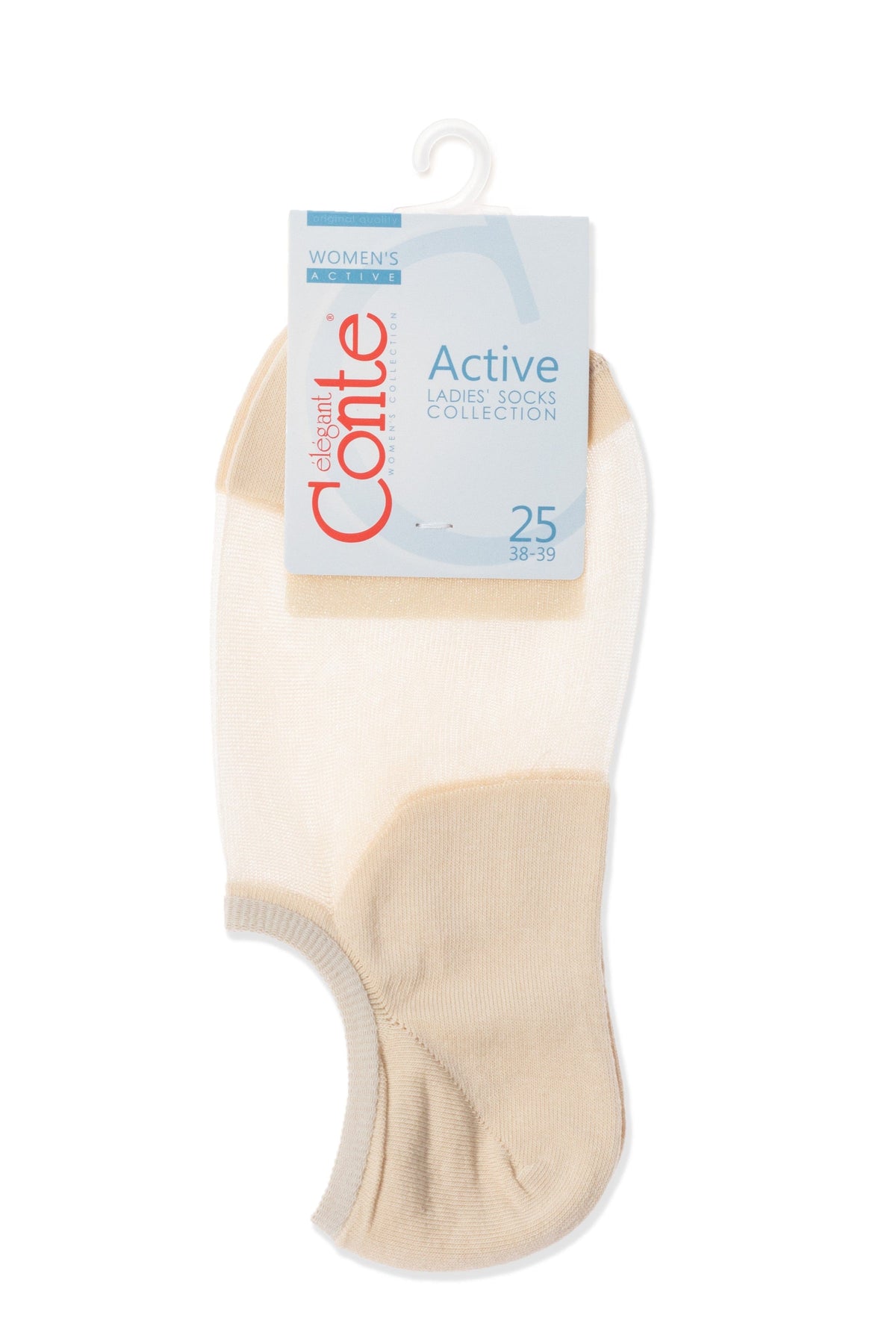 A beige low-cut sock is attached to a light blue retail tag that features the text "Active LADIES' SOCKS COLLECTION" and the number "25".