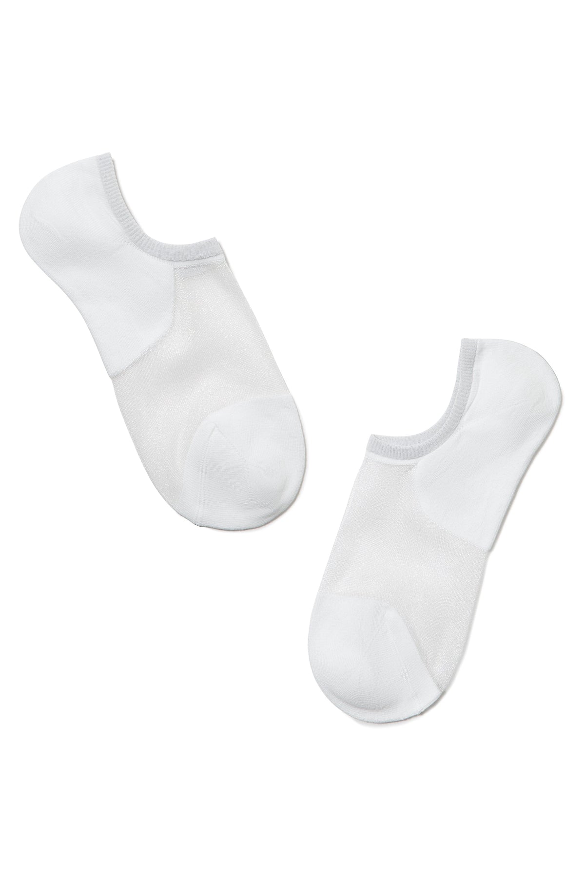 A pair of white no-show socks displayed on a plain white background.