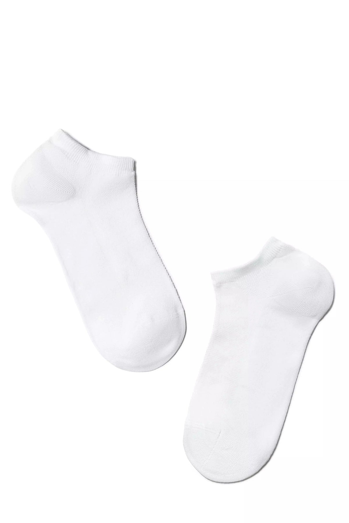 A pair of plain white ankle socks laid out flat against a white background.