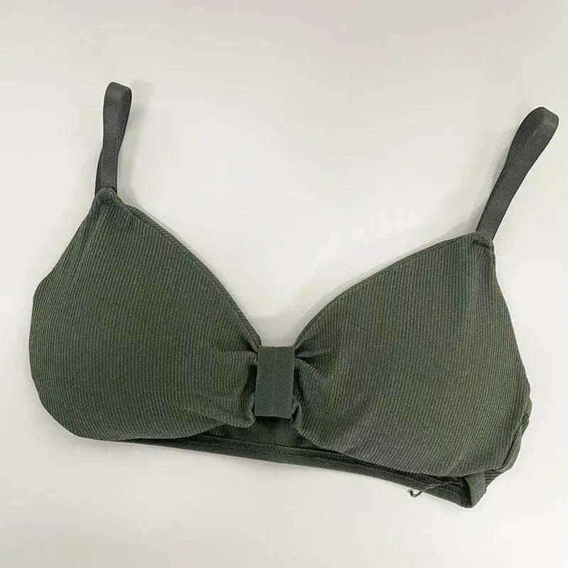 A ribbed, olive green bralette featuring triangular cups and a small vertical fabric detail at the center front.