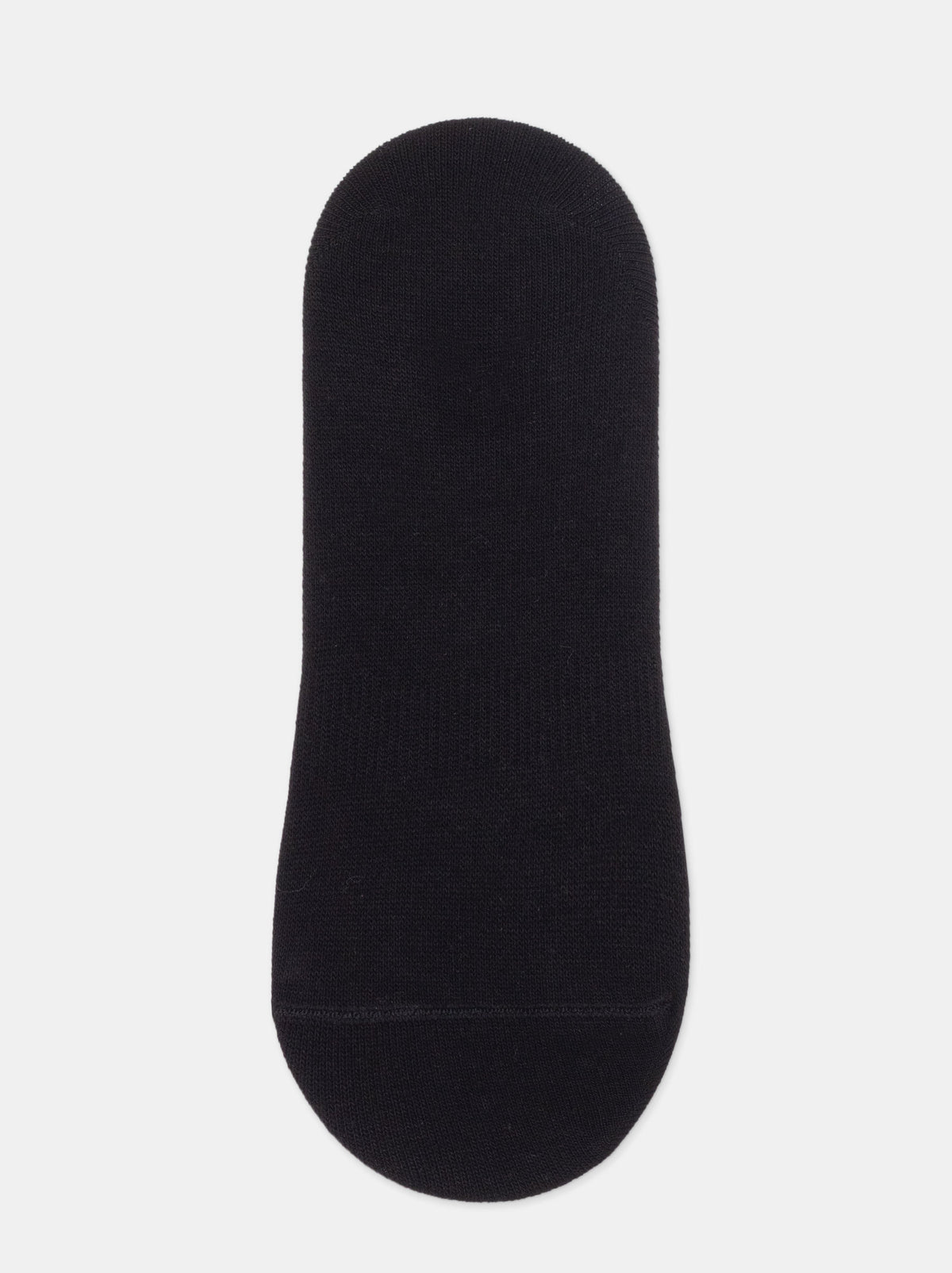 A solid black, low-cut no-show sock presented against a neutral grey background.
