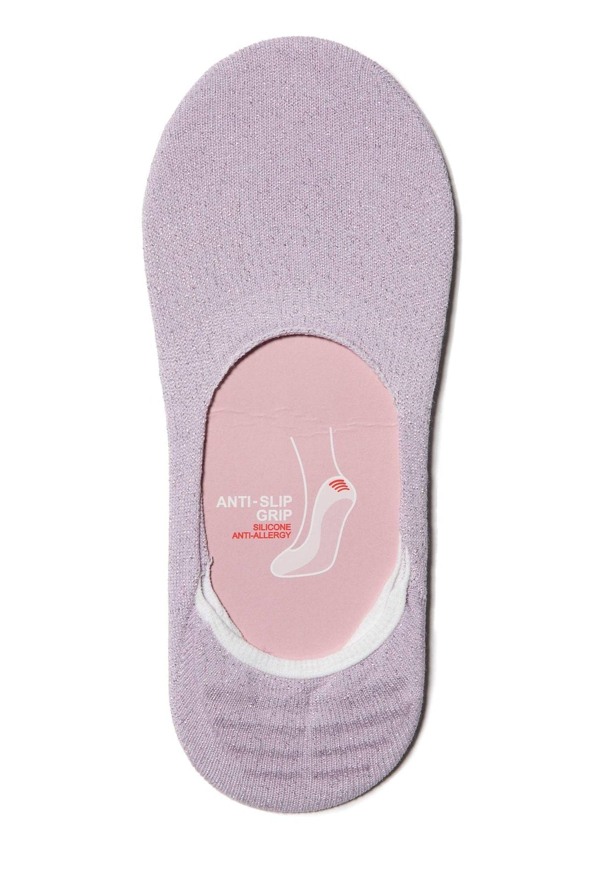 A glittery light purple low-cut liner sock with an interior label featuring an anti-slip grip graphic.