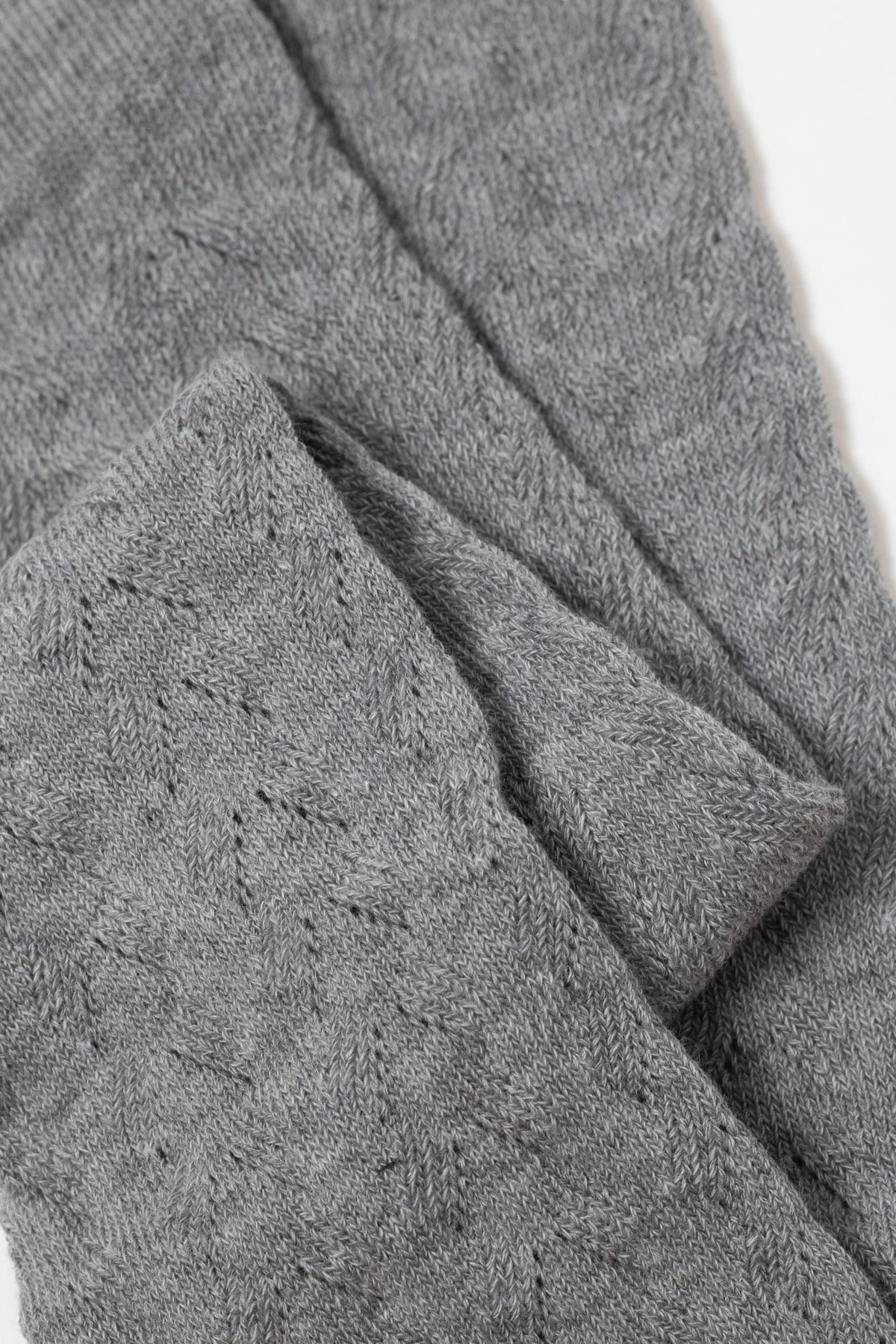 A close-up view of grey, pointelle-knit fabric with a delicate, repeating diamond-shaped lace pattern folded over itself against a white background.