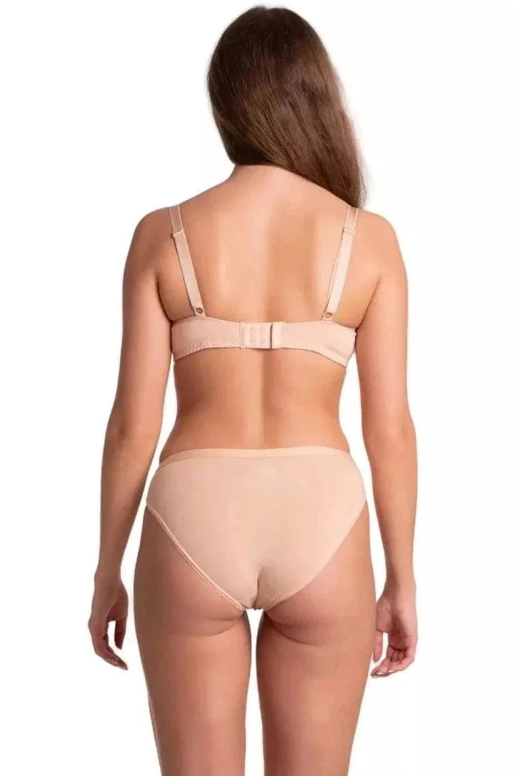 A rear view of a woman wearing a light beige bra with adjustable straps and matching high-cut briefs against a plain white background.