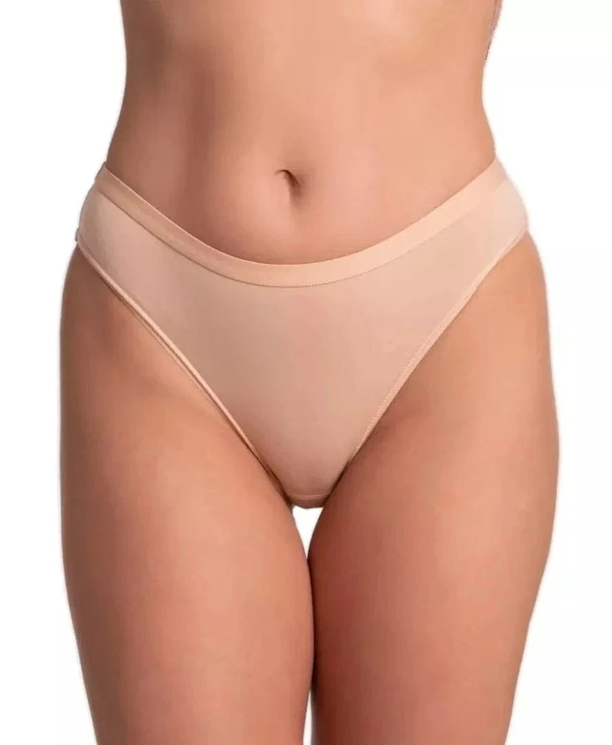Nude-colored high-cut bikini-style underwear worn on a person against a white background.
