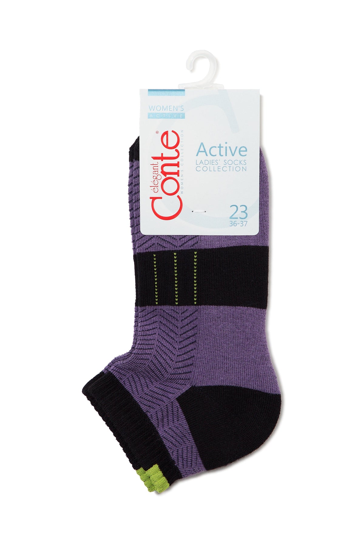 A pair of purple and black striped ankle socks with textured chevron patterns and small lime green accents at the heel, hanging from a white product display tag.