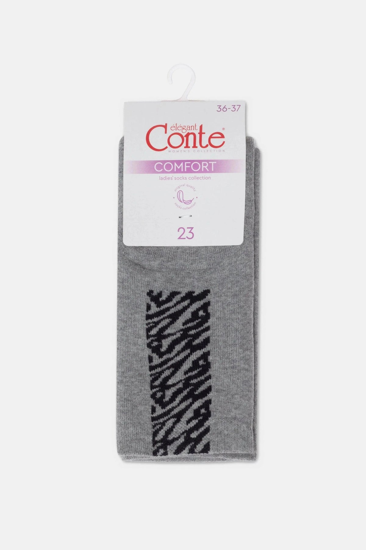 A pair of grey women's socks featuring a black zebra print pattern on the ankle, displayed flat on a white card tag.