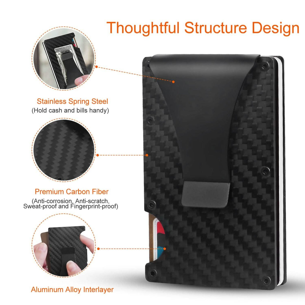 Credit Card Holder with Cash Clip Carbon Fiber RFID Blocking Scan for Men - A-1 Thread Vault