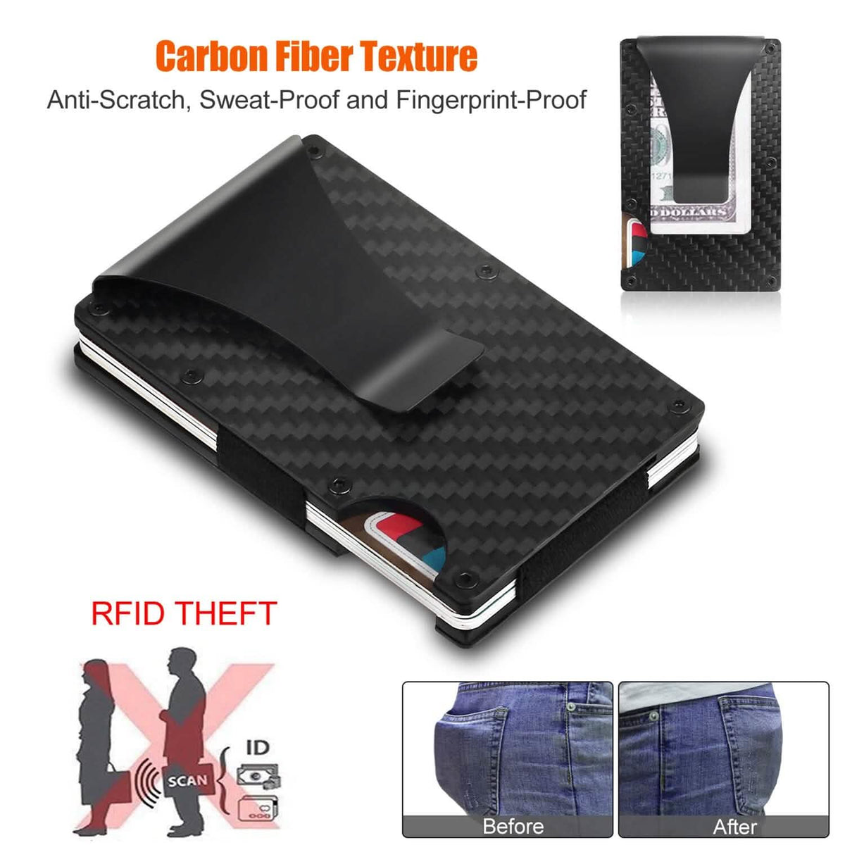 Credit Card Holder with Cash Clip Carbon Fiber RFID Blocking Scan for Men - A-1 Thread Vault
