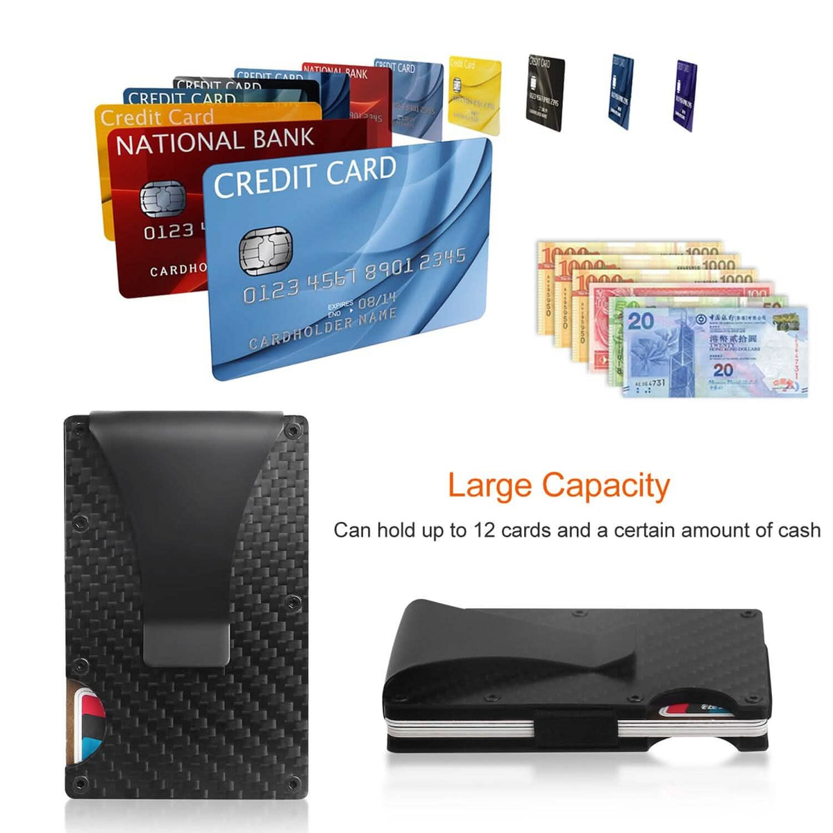 Credit Card Holder with Cash Clip Carbon Fiber RFID Blocking Scan for Men - A-1 Thread Vault