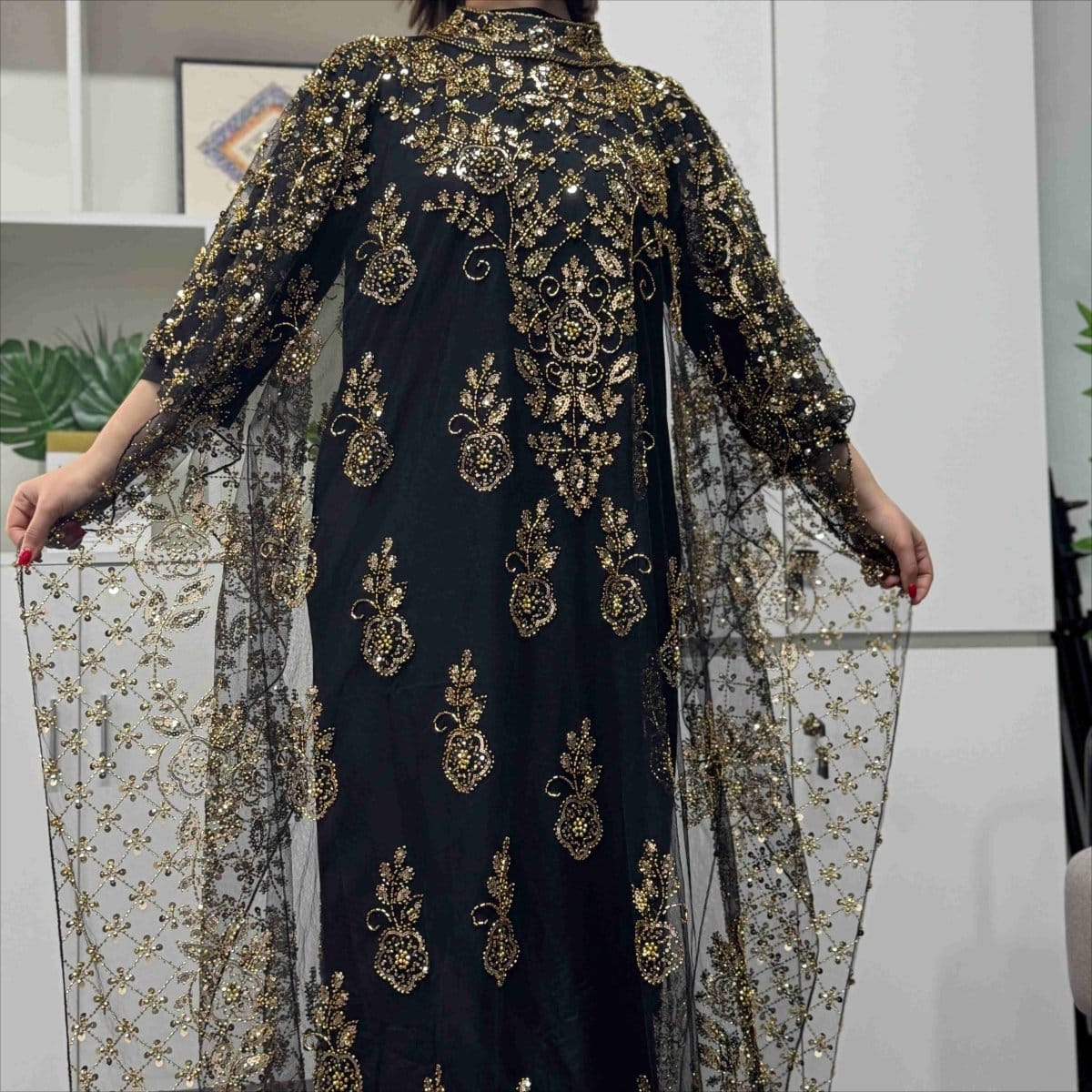 Crystal Beaded Cape Overlay Abaya Set (MA427) - A-1 Thread Vault