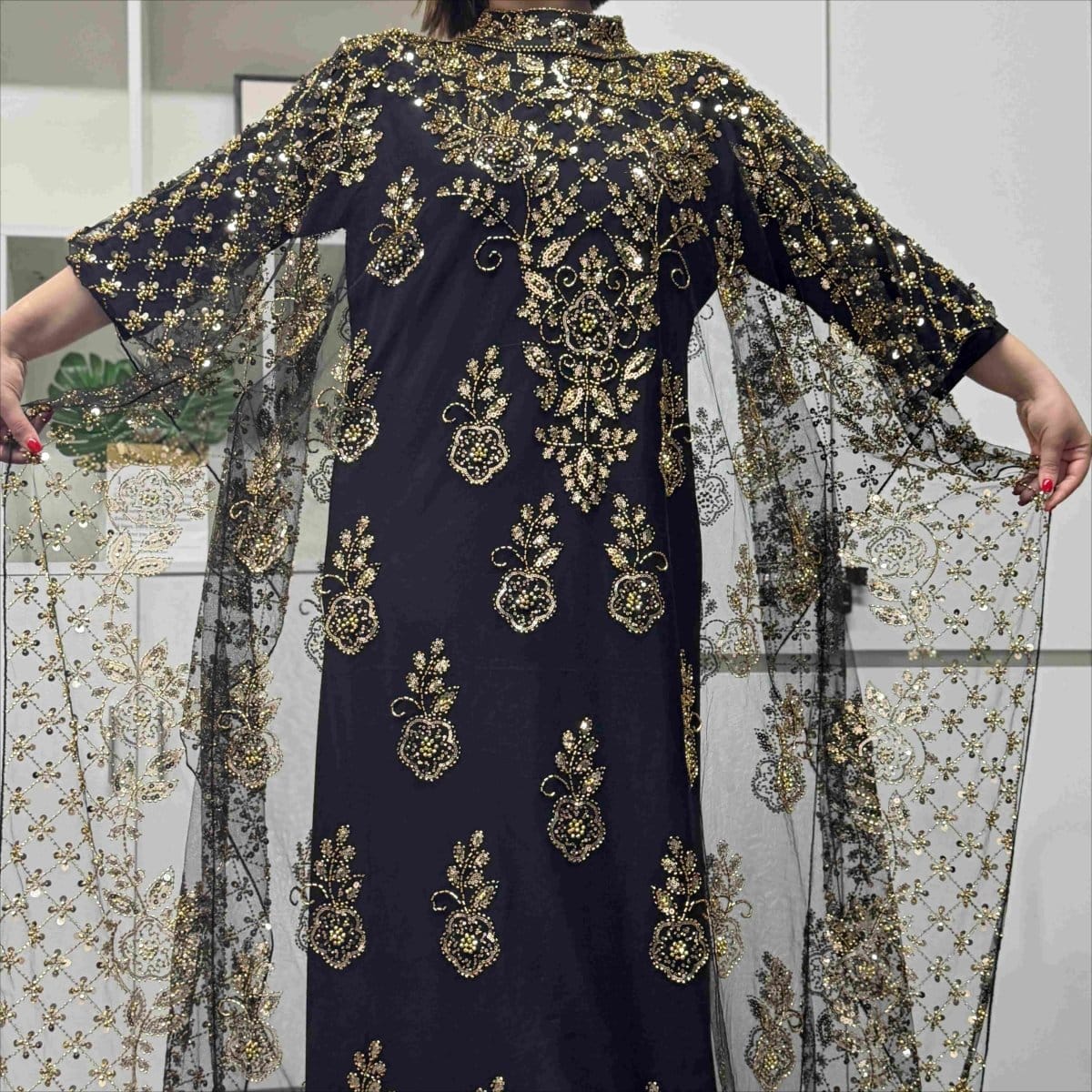 Crystal Beaded Cape Overlay Abaya Set (MA427) - A-1 Thread Vault