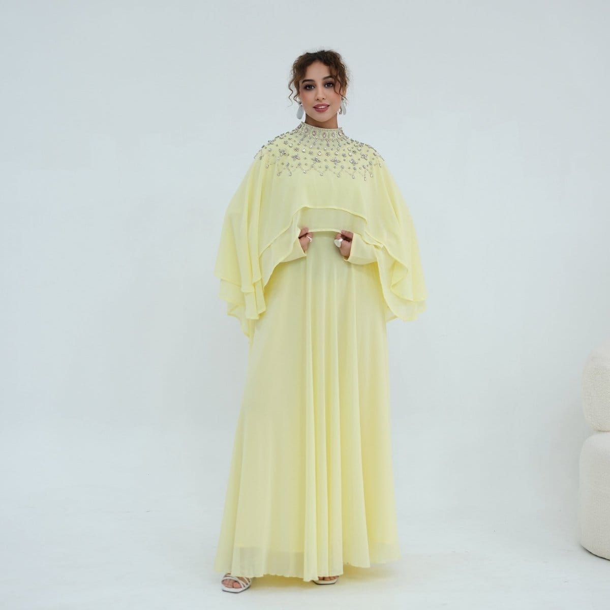 Crystal Embellished Cape Sleeve Chiffon Maxi Dress Set(MS461) - A-1 Thread Vault