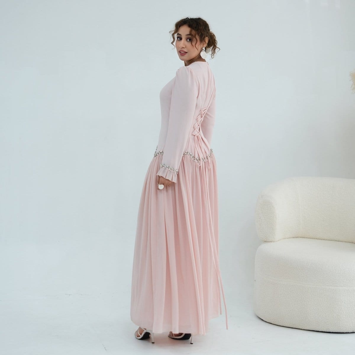 Crystal-Trim Ruffle Cuffs Maxi Dress(MS458) - A-1 Thread Vault