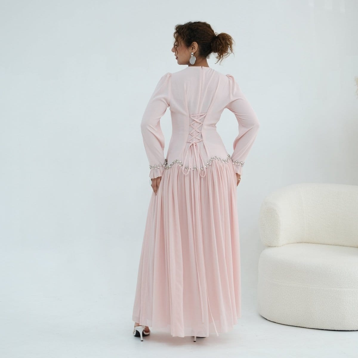 Crystal-Trim Ruffle Cuffs Maxi Dress(MS458) - A-1 Thread Vault