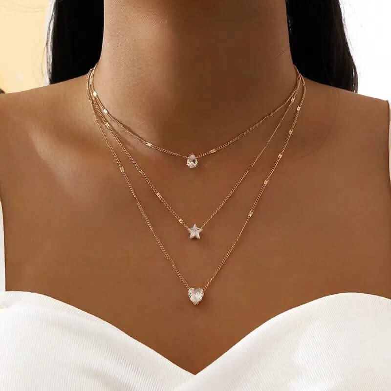 Crystal Zirconia Heart Star Charm Layered Pendant Necklace - A-1 Thread Vault