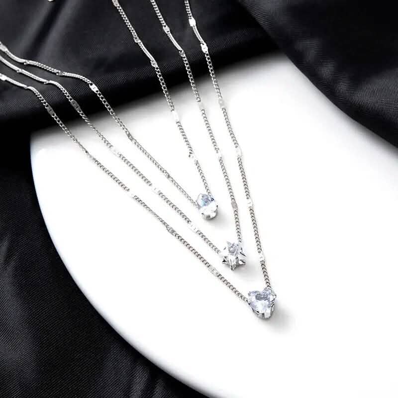 Crystal Zirconia Heart Star Charm Layered Pendant Necklace - A-1 Thread Vault