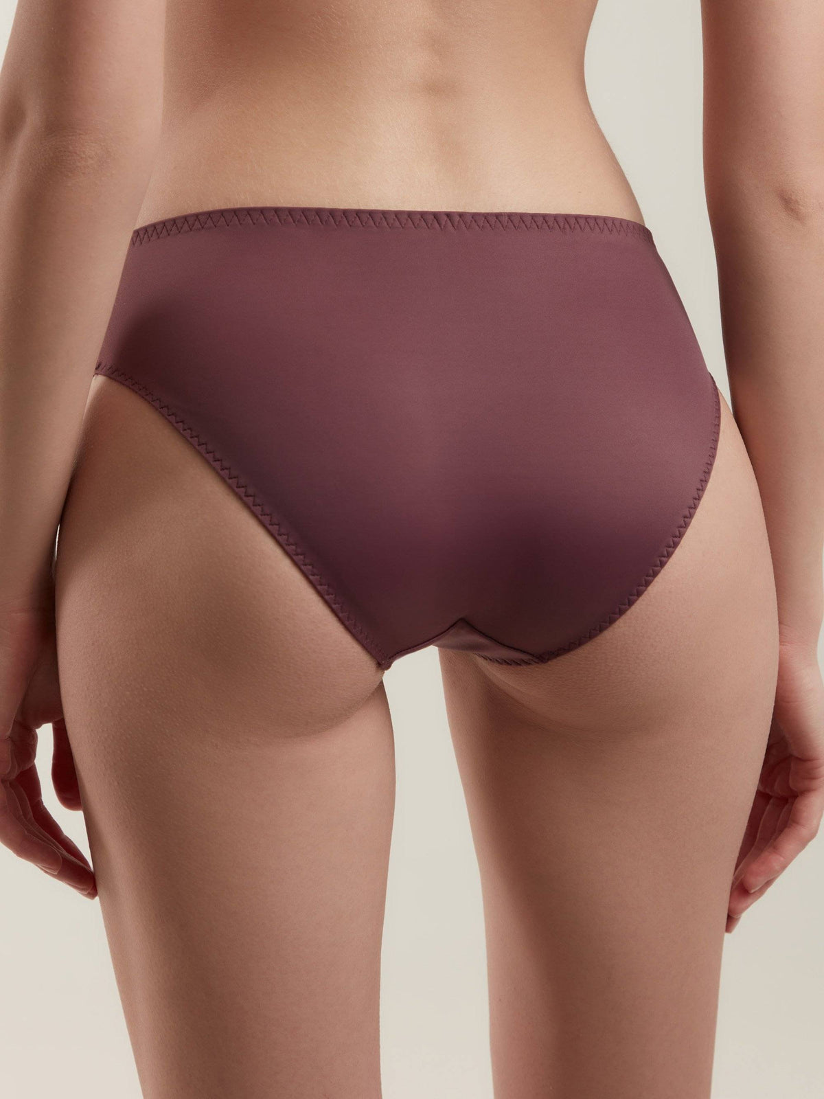 A pair of plum-colored bikini-style underwear viewed from the back on a person, featuring seamless edges and a simple design.