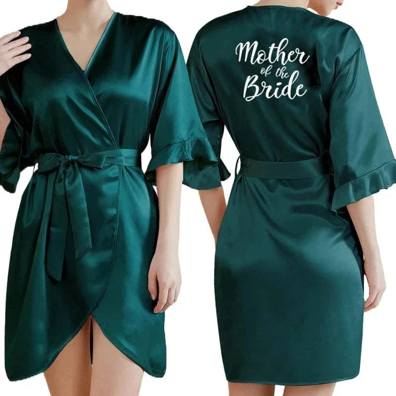 Dark Green Satin Team Bride Bridesmaid Robe Ruffle Wedding Bathrobe Gown Women Dressing Sleepwear Mother Maid of Honor Kimono - A-1 Thread Vault