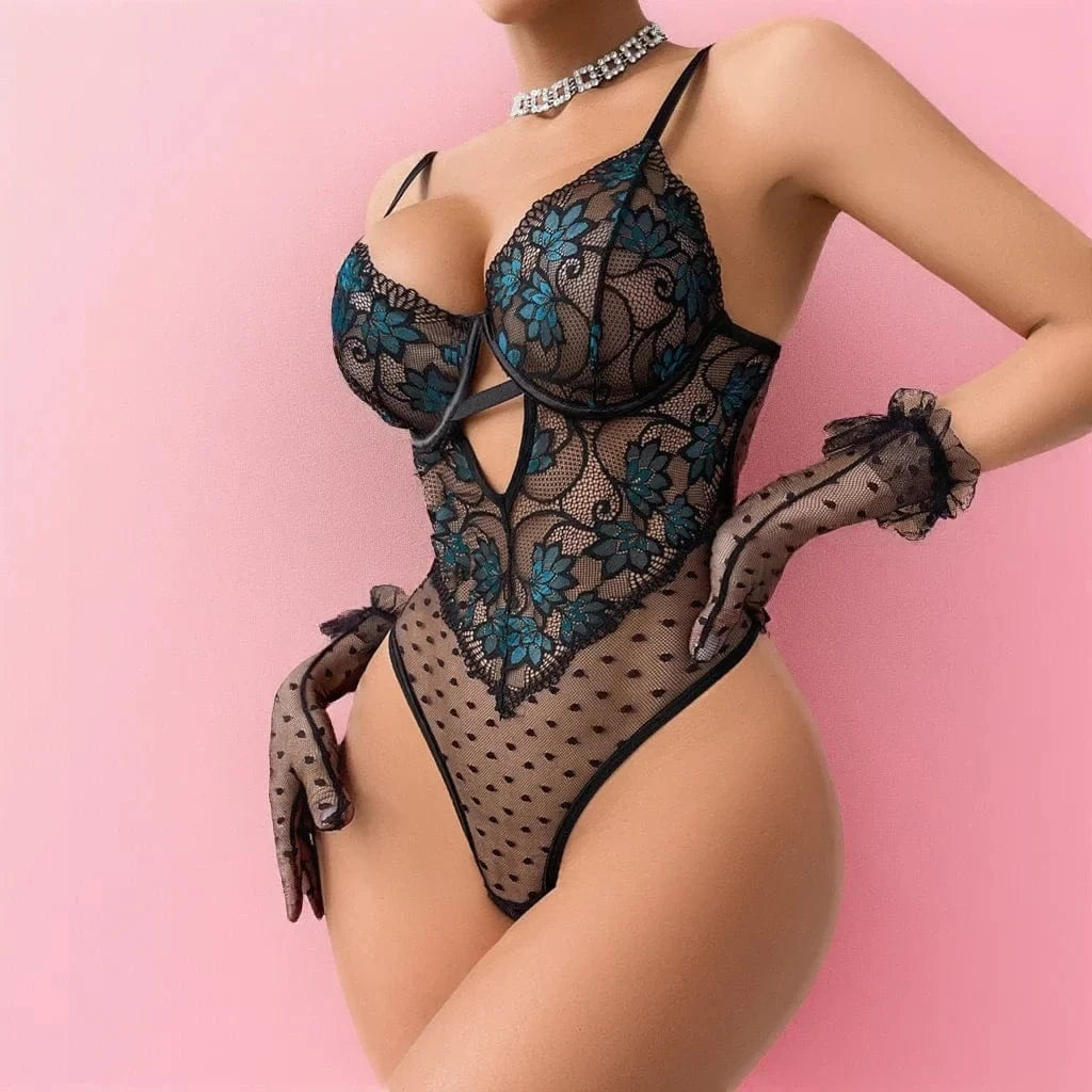 Diccvicc Elegant Women's Body with Gloves See Through Floral Lace Sexy Bodysuit Lingerie Intimate Underwear Set Female Clothing - A-1 Thread Vault