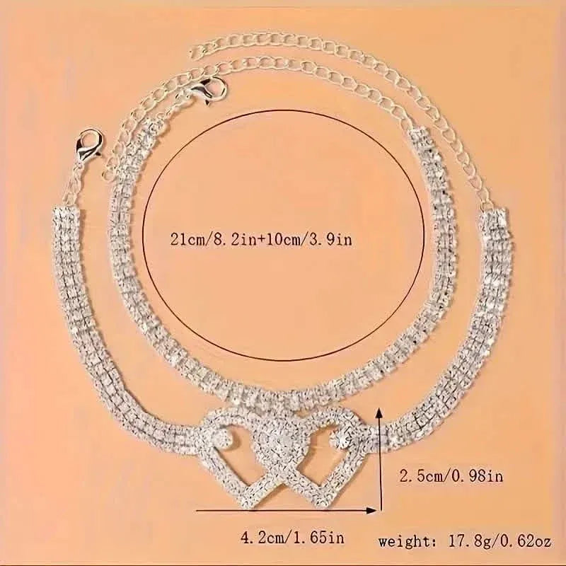 Double Love Heart Rhinestone Chain Anklet Set - A-1 Thread Vault
