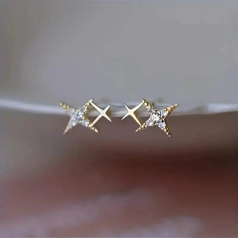 Double Star Design Stud Earrings Inlaid Zirconia - A-1 Thread Vault