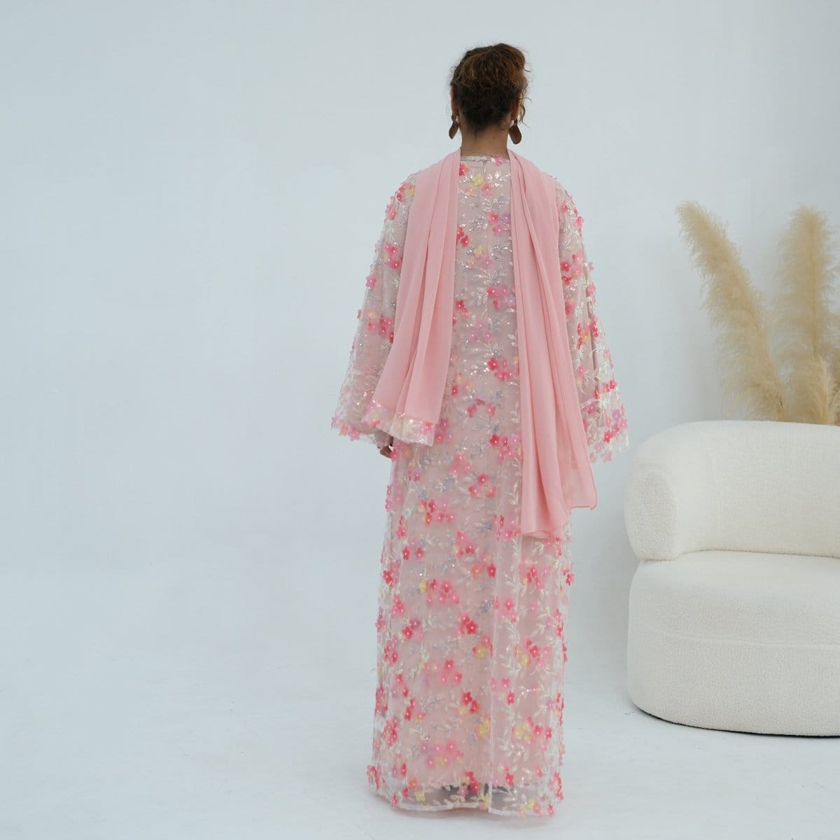 Dreamy 3D Flower Mesh Open Abaya Set(MOA313) - A-1 Thread Vault