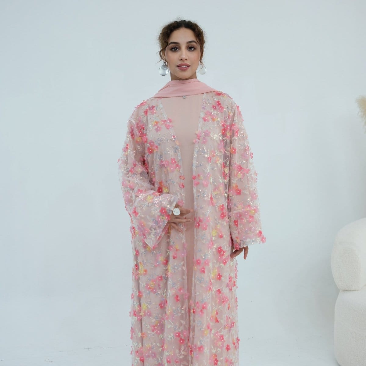 Dreamy 3D Flower Mesh Open Abaya Set(MOA313) - A-1 Thread Vault