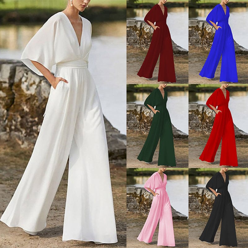 Dress Jumpsuit Explosive Deep V High Waist Wide Leg Trousers - A-1 Thread Vault