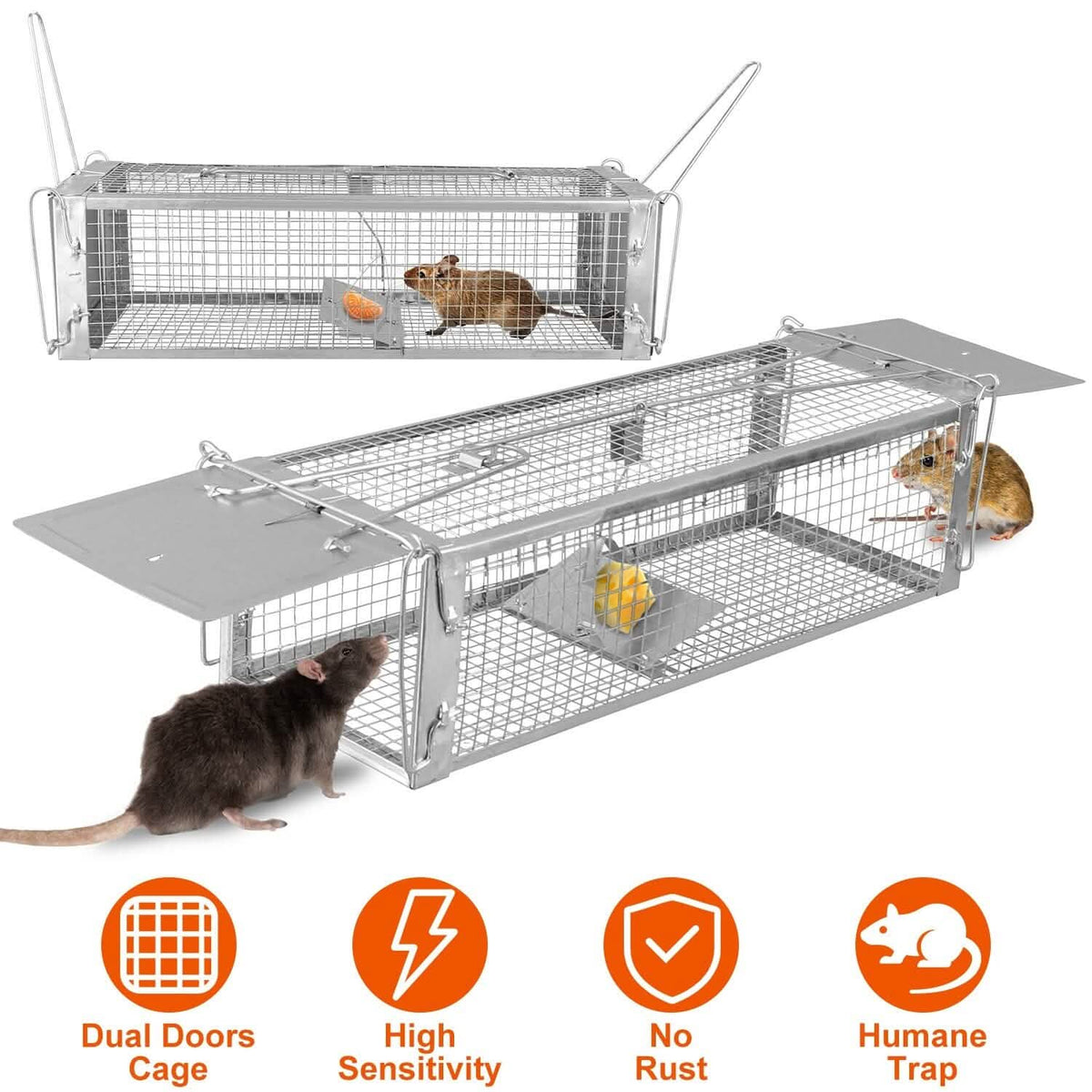 Dual Door Rat Trap Cage Humane with 2 Detachable U Shape Rod - A-1 Thread Vault