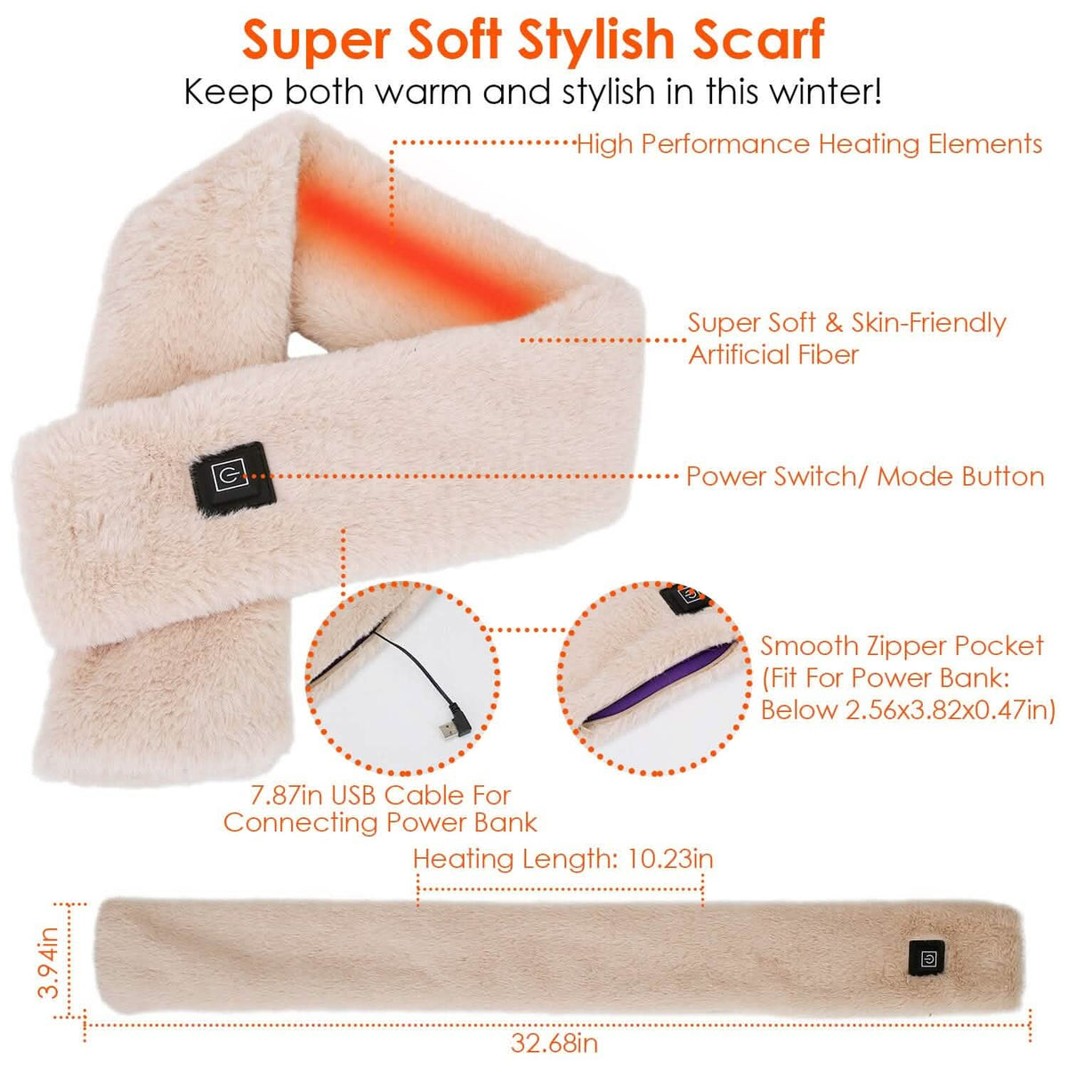 Electric Heated Scarf USB Heating Neck Shawl Soft Warm Scarves with 3 Heating Modes - A-1 Thread Vault