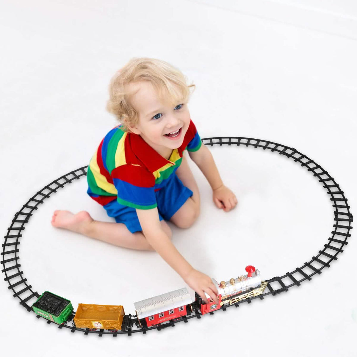 Electric Train Set Steam Locomotive Passenger Coach Coal with Sounds Light Railway - A-1 Thread Vault