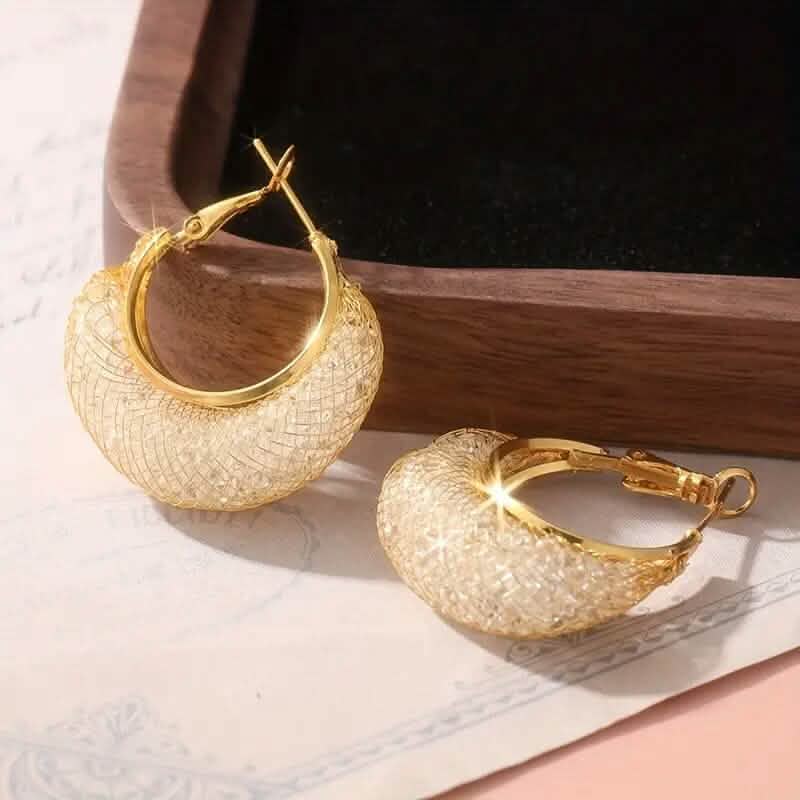 Elegant Crescent Mesh Hoop Earrings with Sparkling Cubic Zirconia - A-1 Thread Vault