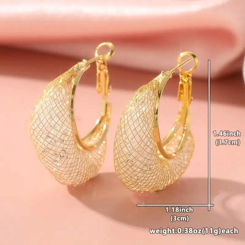 Elegant Crescent Mesh Hoop Earrings with Sparkling Cubic Zirconia - A-1 Thread Vault