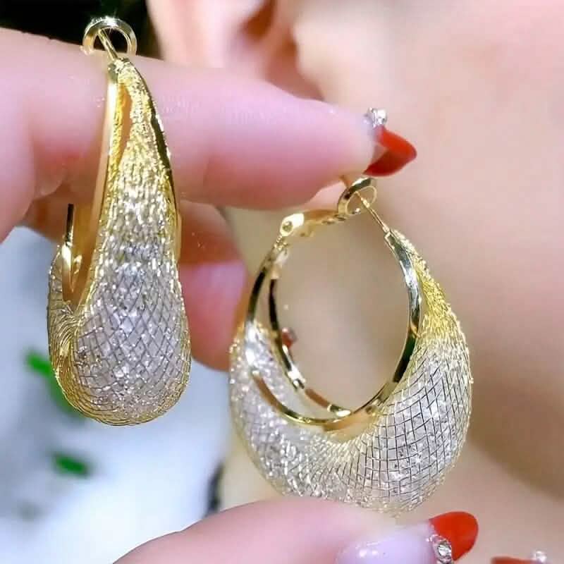 Elegant Crescent Mesh Hoop Earrings with Sparkling Cubic Zirconia - A-1 Thread Vault