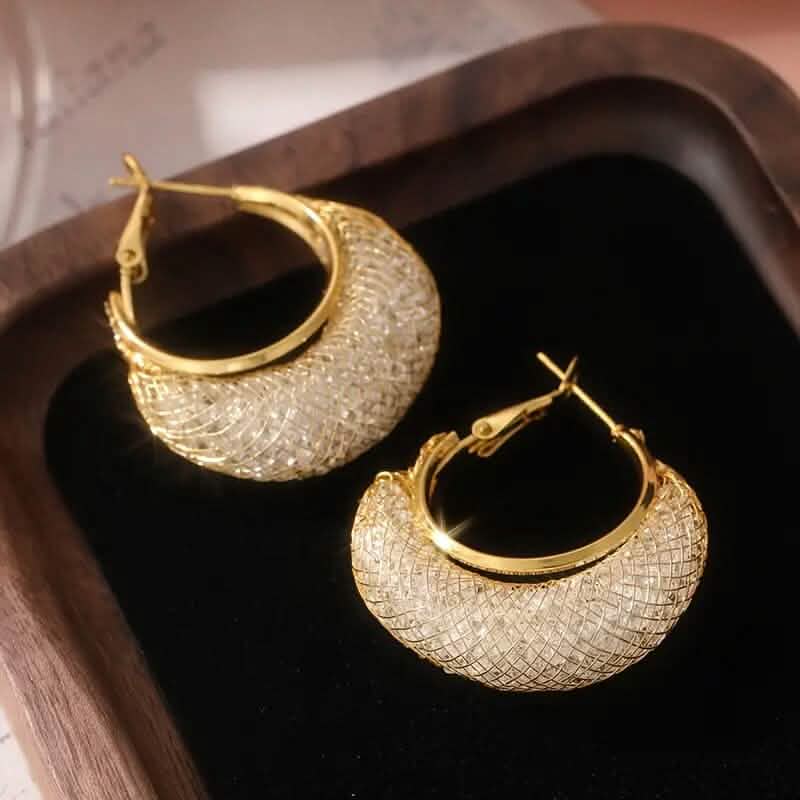 Elegant Crescent Mesh Hoop Earrings with Sparkling Cubic Zirconia - A-1 Thread Vault