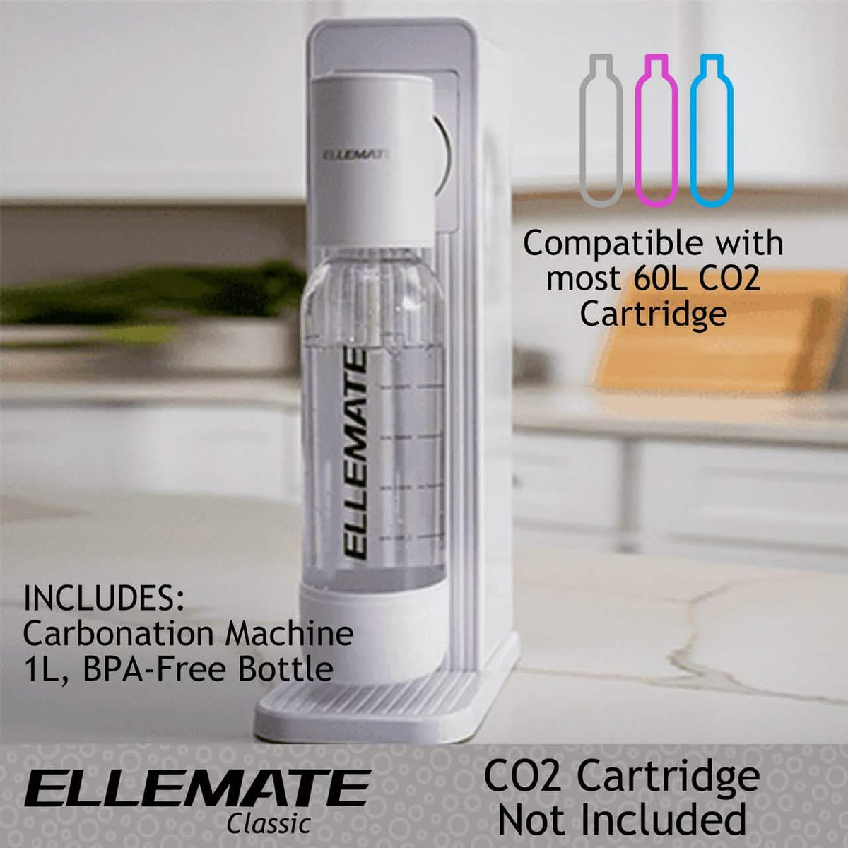 Ellemate Classic Carbonated Drink Maker, Seltzer Water with One-Push Fizz Technology, Cordless Carbonation for Bubbly Water - A-1 Thread Vault