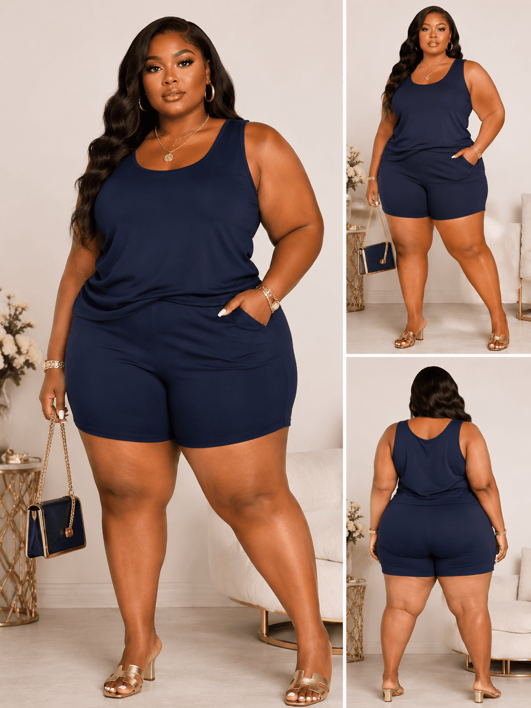 A navy blue sleeveless scoop neck top and matching shorts set worn by a model in three different views against a neutral background.