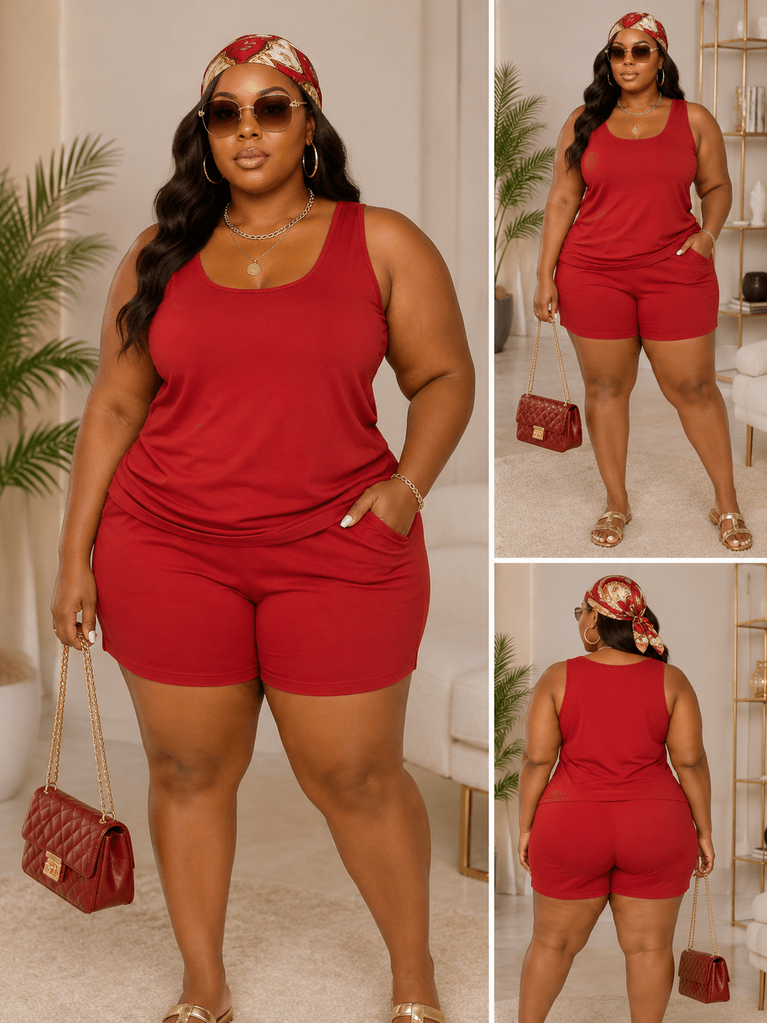 A woman wearing a matching red tank top and shorts set with a patterned headscarf, sunglasses, and a quilted handbag while posing in a well-lit indoor room with plants.