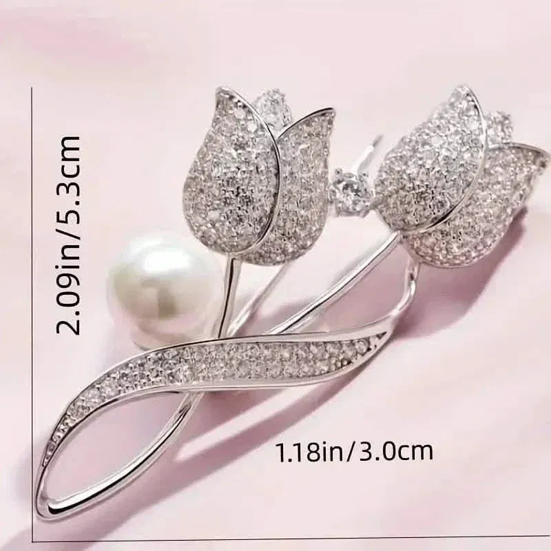 Exquisite Tulip-Shaped Faux Pearl Brooch Adorned with Artificial Diamond - A-1 Thread Vault