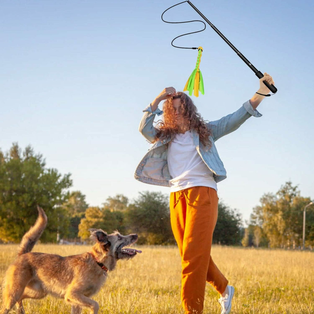 Extendable Dog Flirt Pole with 2 Replaceable Interactive Tail Toys - A-1 Thread Vault