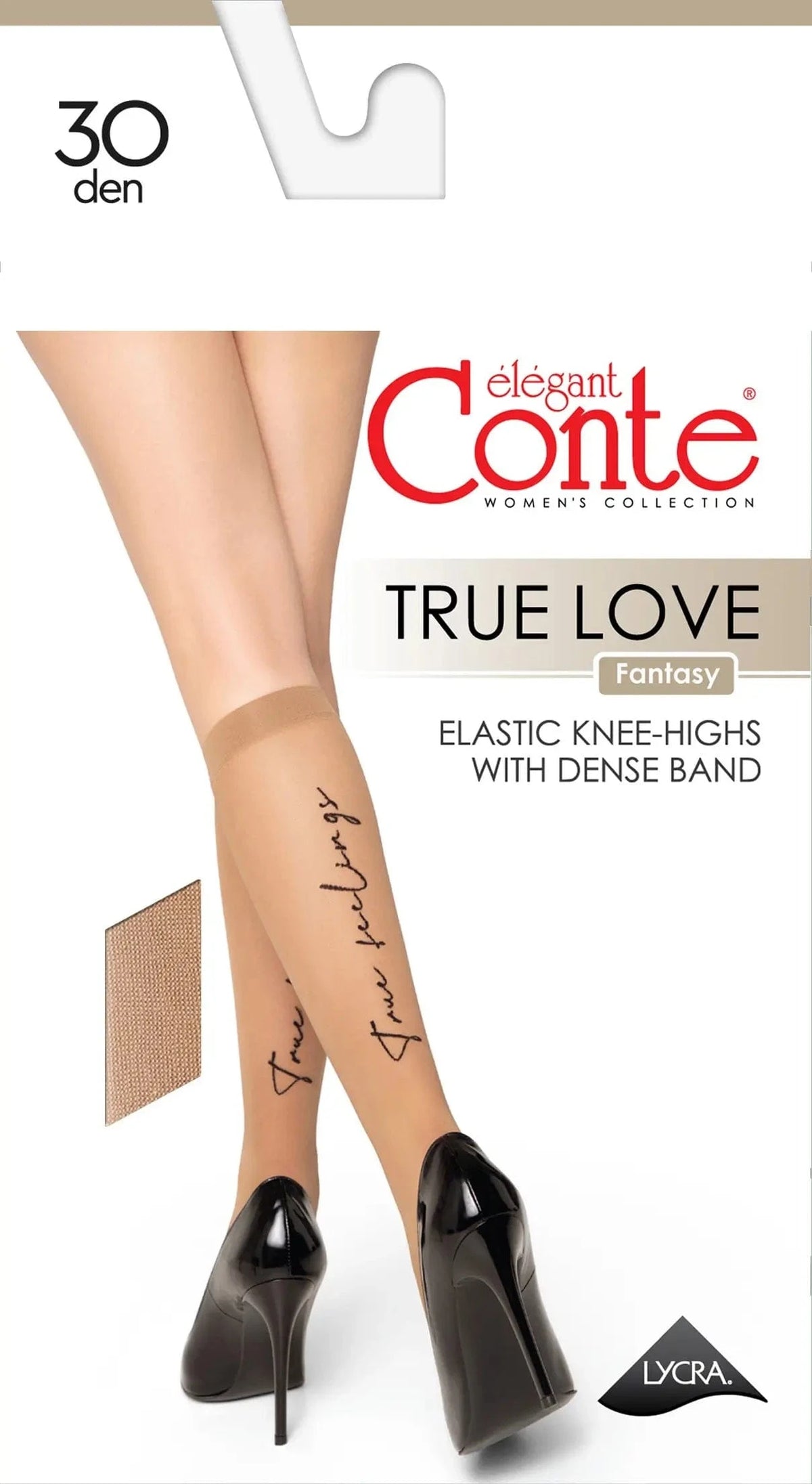 A pair of sheer tan knee-high stockings worn on legs, featuring the cursive words true feelings printed in black script on the side and paired with black high-heeled pumps.