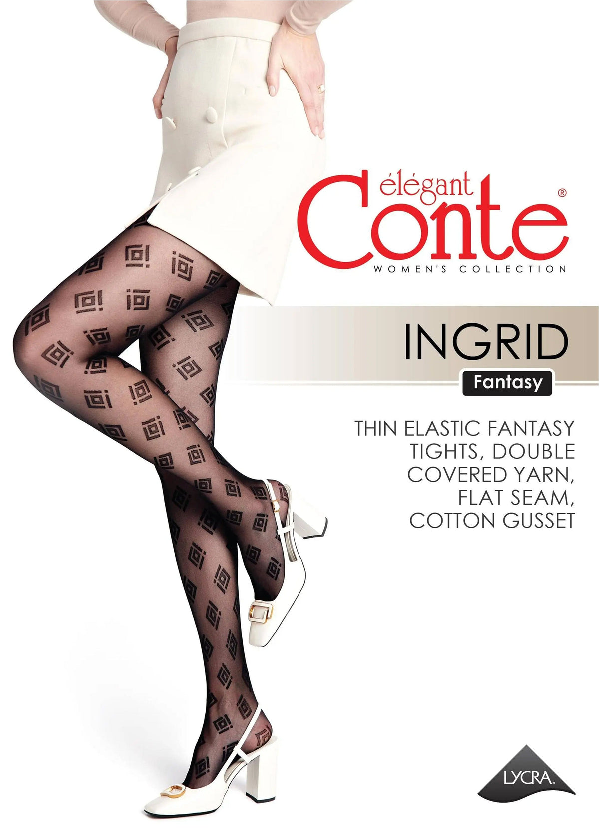 Black sheer tights patterned with small diamond shapes are worn by a person in a white skirt and white block-heel shoes against a white background.