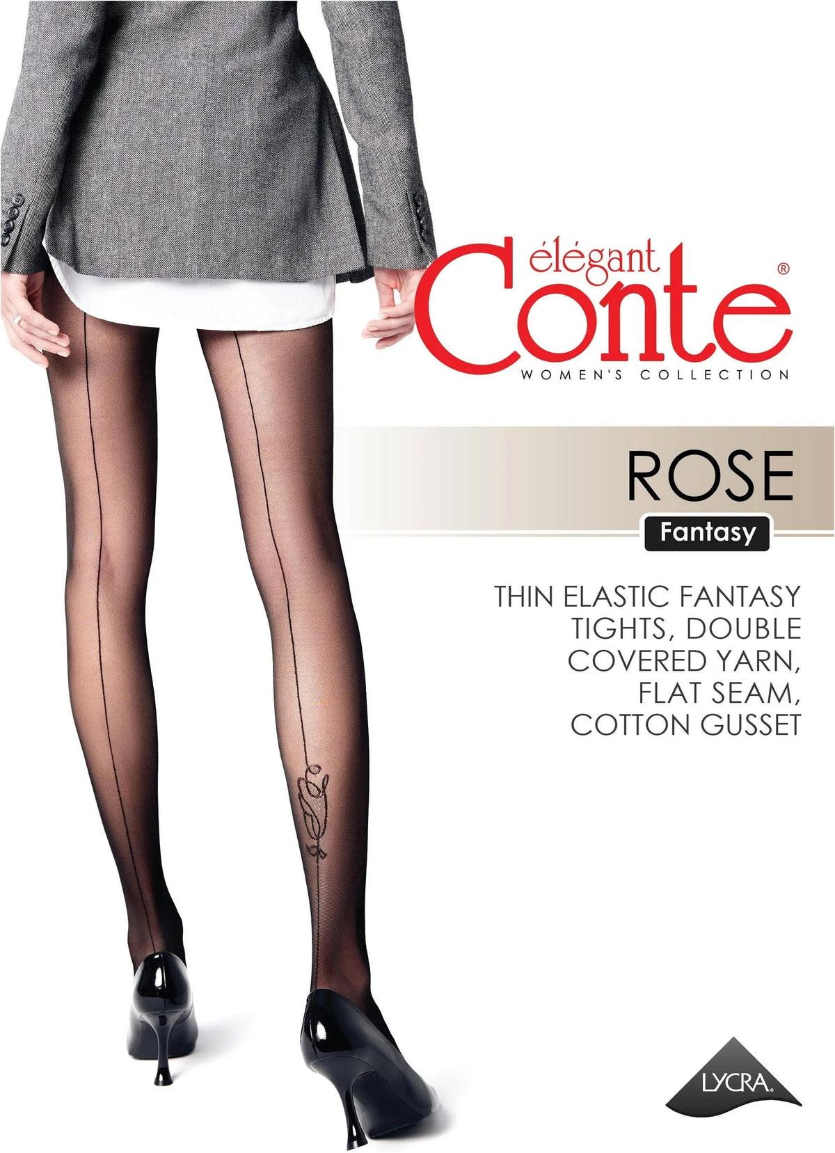 Black sheer pantyhose with a single vertical back seam and a small rose detail near the left ankle, worn with a grey blazer and black high heels.